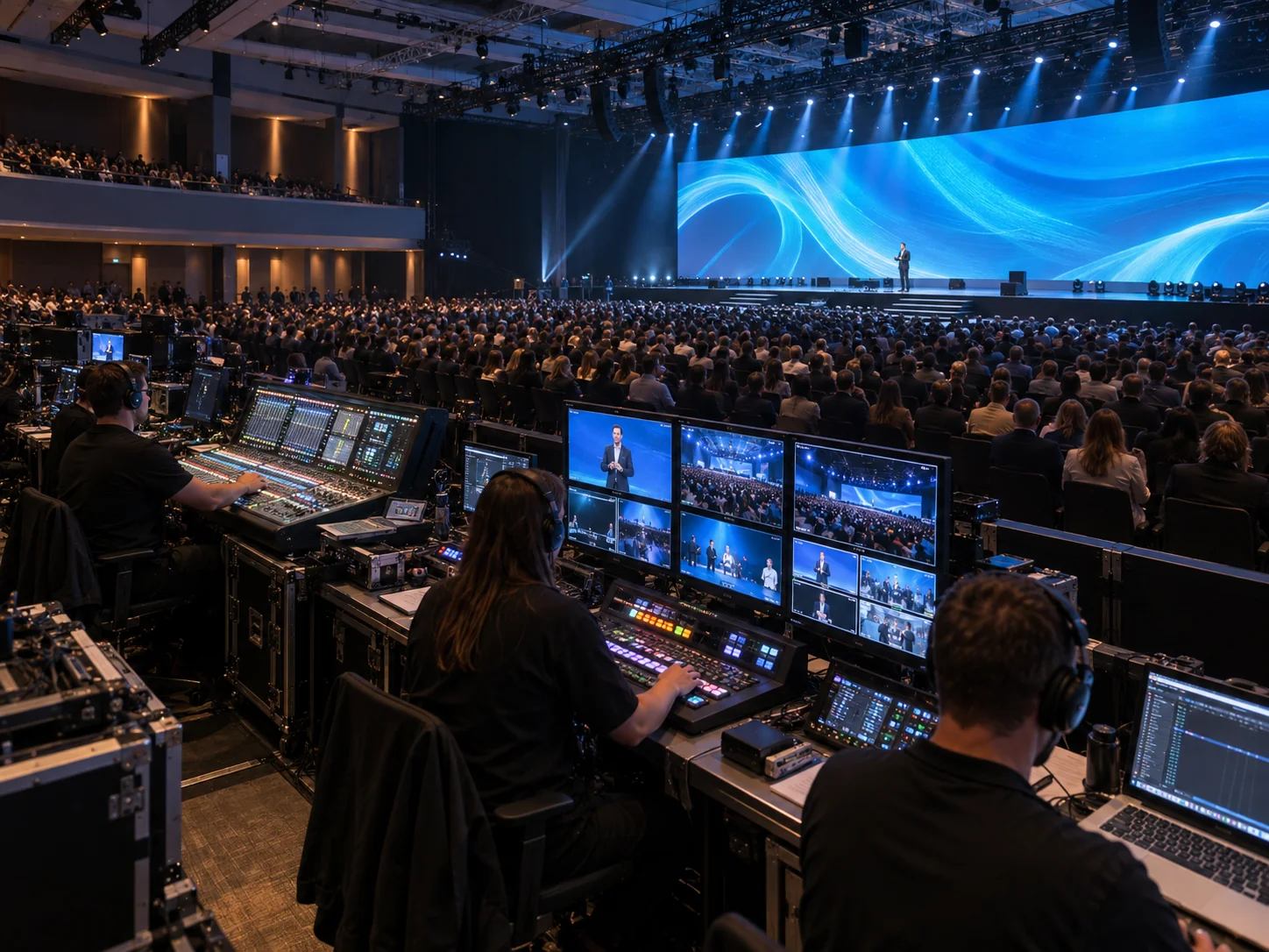 Vista de un control audiovisual con cámaras, mesas de mezcla y una gran pantalla LED ante el público