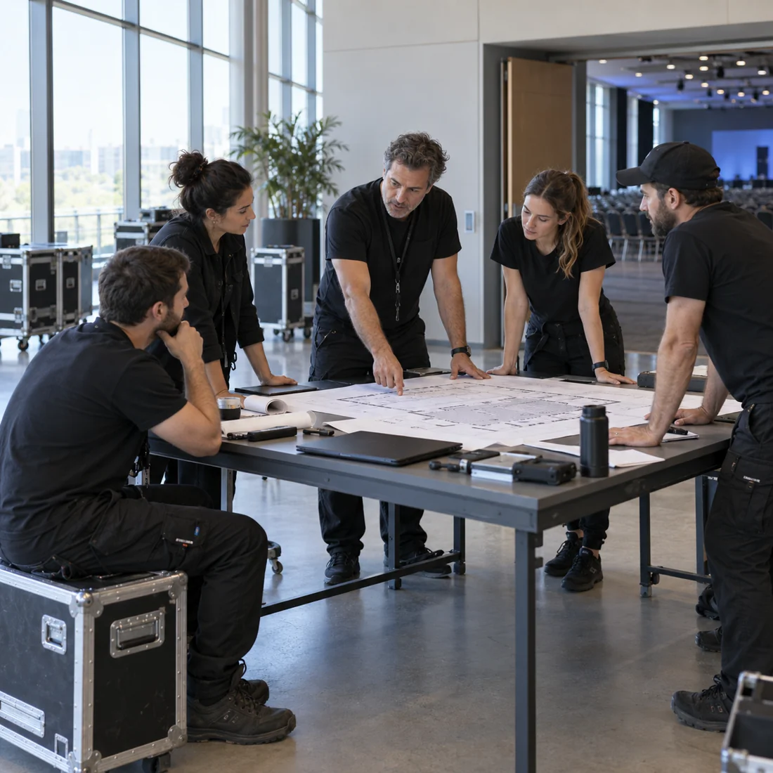 Equipo técnico reunido para preparar el evento